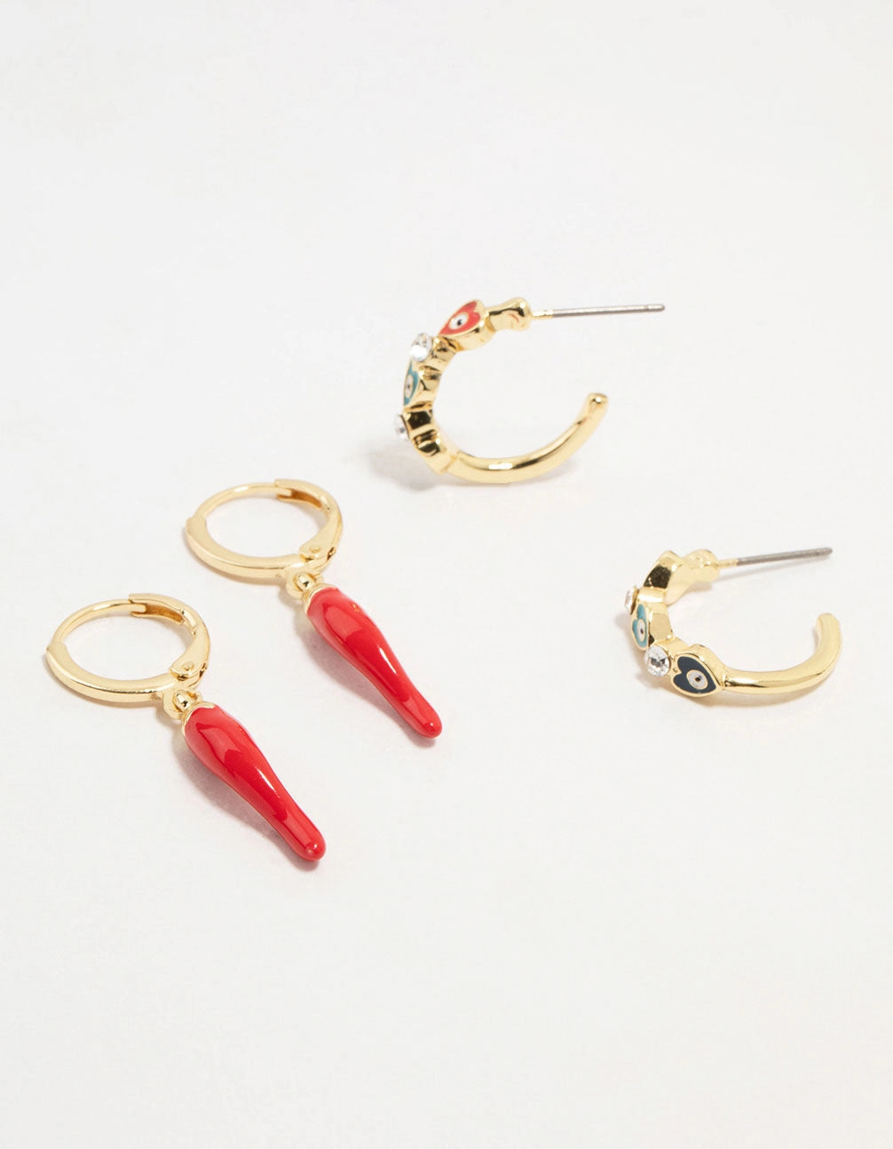 Gold Plated Evil Eye & Chilli Hoop Earrings 2-Pack Radiant Charm