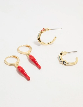 Gold Plated Evil Eye & Chilli Hoop Earrings 2-Pack Radiant Charm