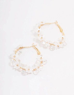 Weekend Style Luxury Set Gold Plated Freshwater Pearl Diamante Flower Hoop Earrings