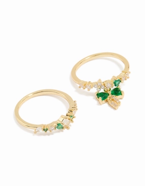 Stylish Flow Shiny look Gold Plated Green Cubic Zirconia Bow & Dainty Rings 2-Pack