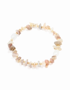 Interchangeable Style Effortless Style Gold Plated Mixed Semi Precious Stone & Pearl Stretch Bracelet