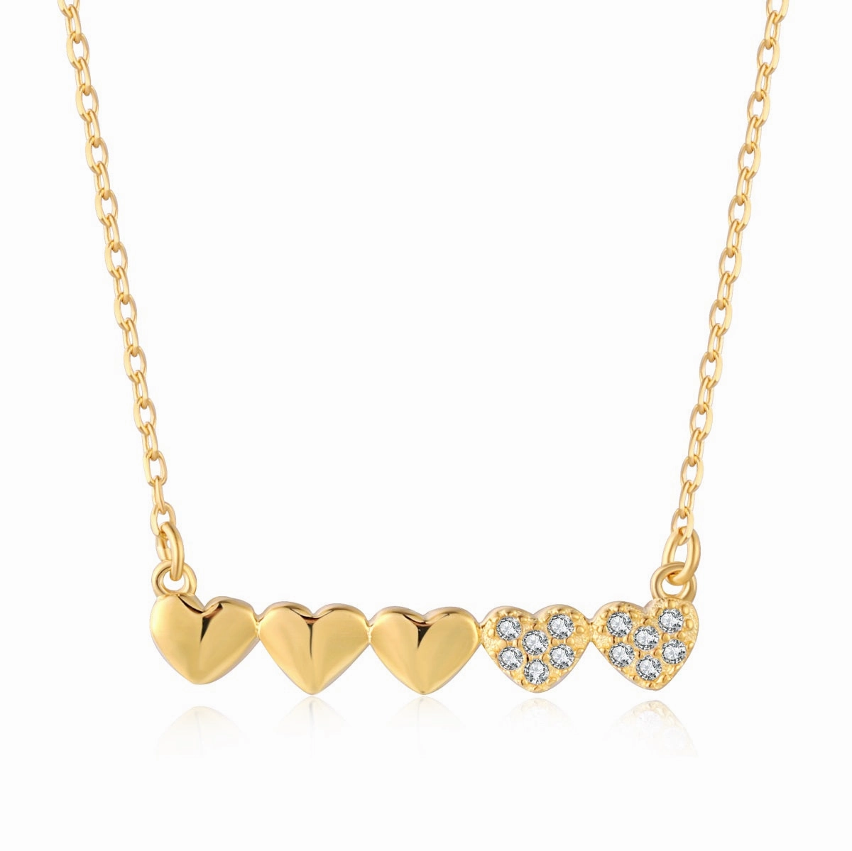 Gold-plated or Rhodium-plated Sterling Silver CZ Small Five Heart Bar Necklace Shining Gem Lustrous Detail