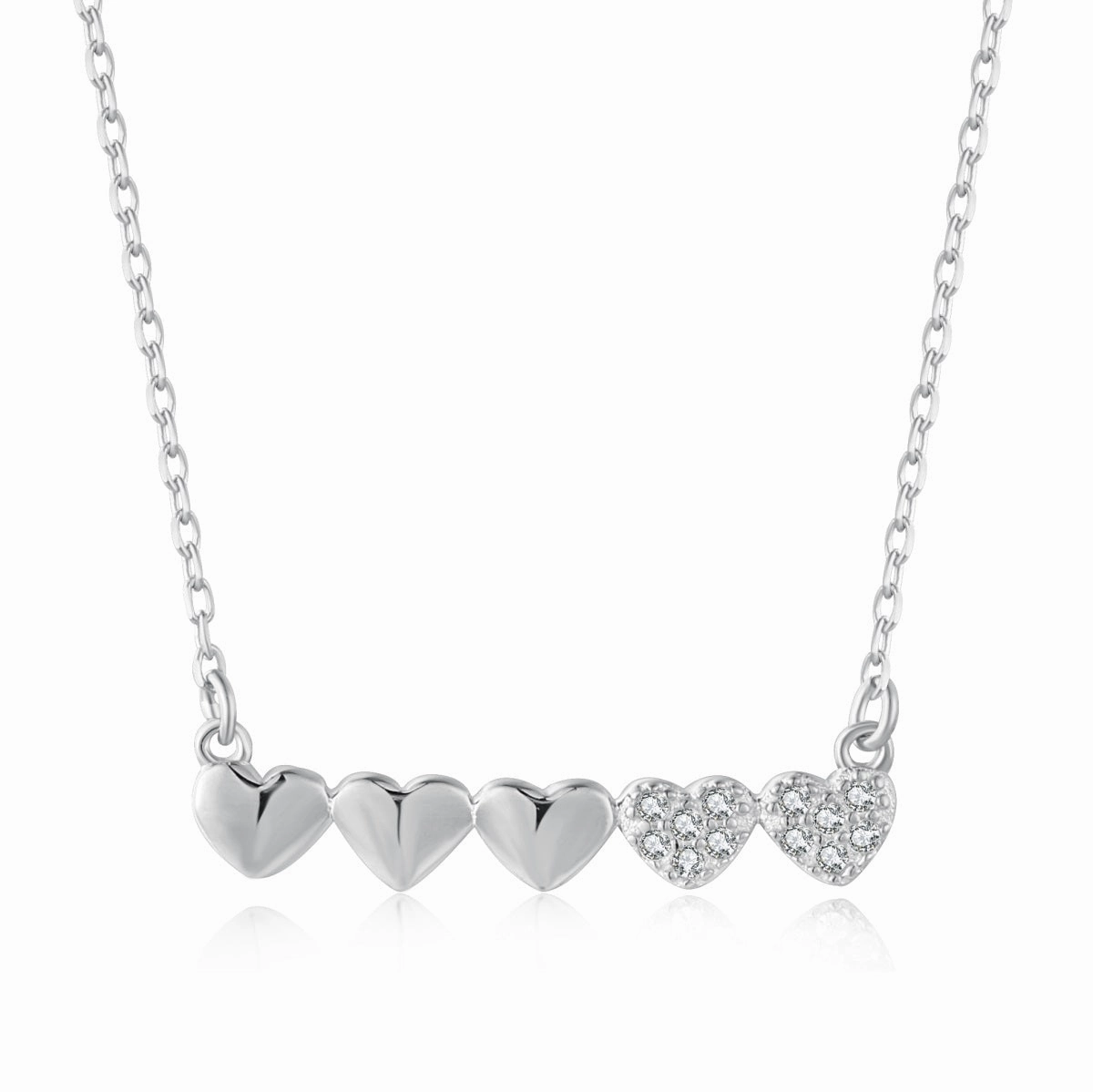 Contemporary Detail Dainty Edge Gold-plated or Rhodium-plated Sterling Silver CZ Small Five Heart Bar Necklace