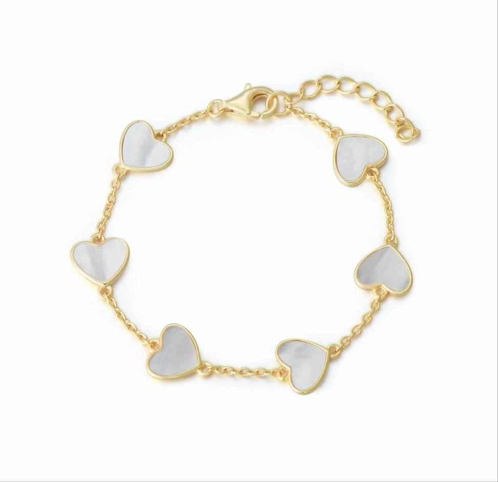 Gold Plated or Rhodium Plated Sterling Silver Mother of Pearl Heart Bracelet Impressive Accent