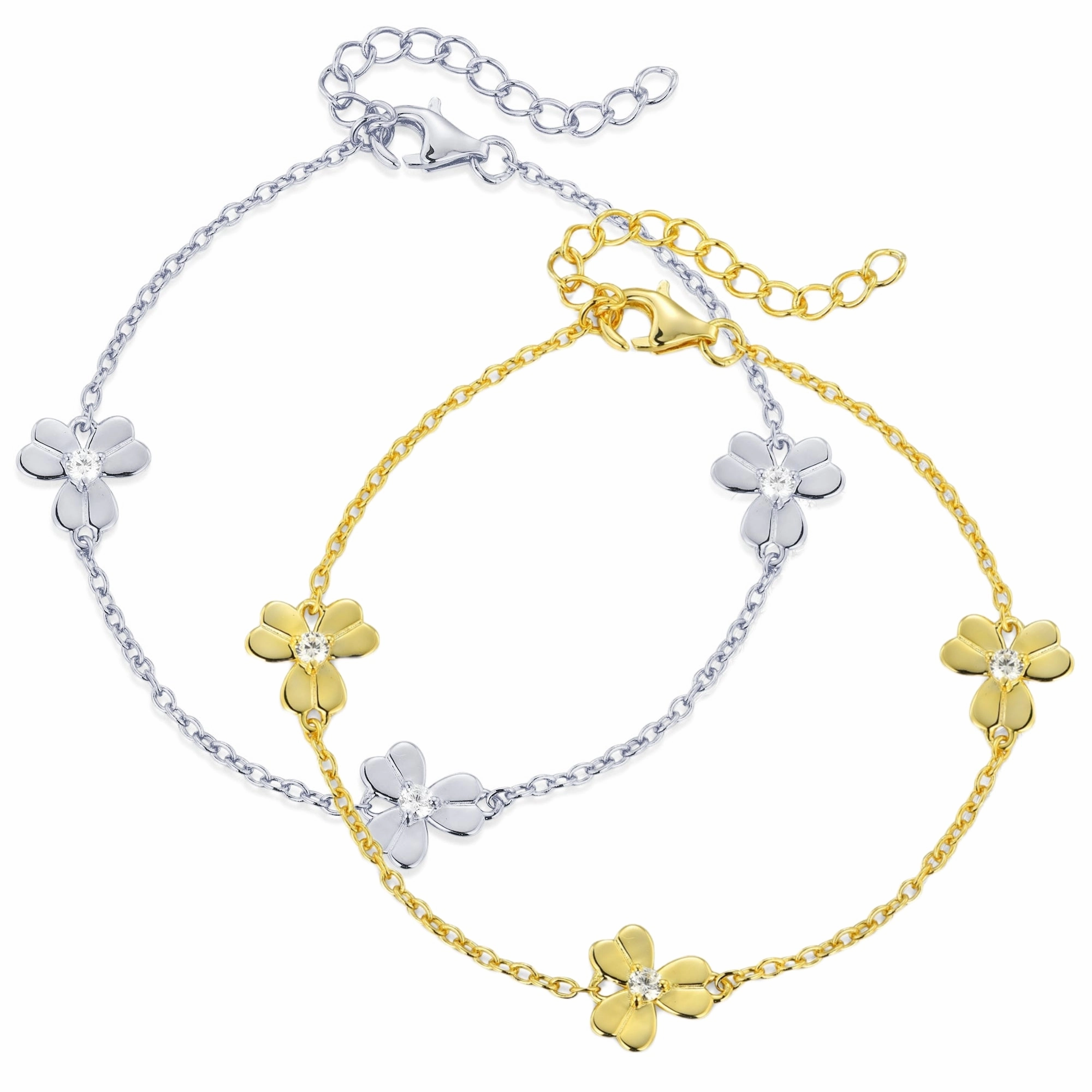 Classic Finish Modern Charm Gold Plated or Rhodium Plated Sterling Silver Three Leaf Flower With CZ Station Bracelet