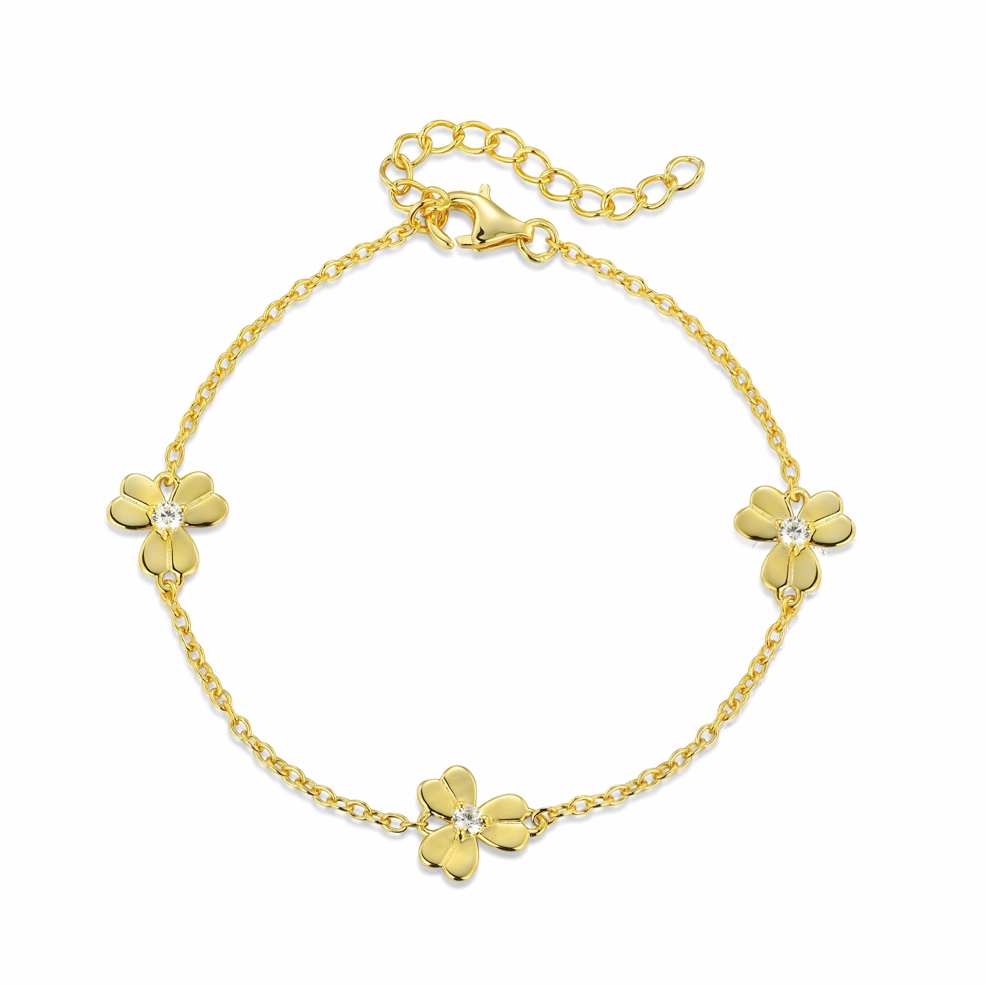 Gold Plated or Rhodium Plated Sterling Silver Three Leaf Flower With CZ Station Bracelet Modern Form Model Mood