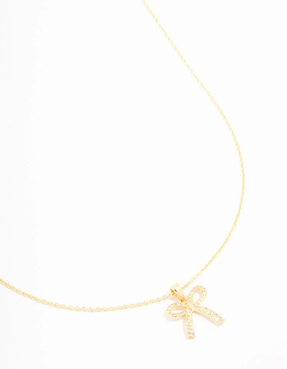 Playful Shine Graceful Lines Gold Plated Pave Set Cubic Zirconia Bow Necklace