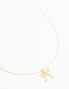 Playful Shine Graceful Lines Gold Plated Pave Set Cubic Zirconia Bow Necklace
