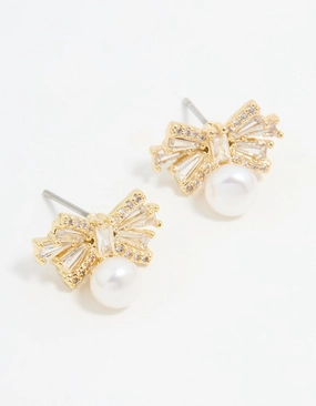 Elegant Features Shimmering Craft Gold Plated Pearl & Cubic Zirconia Bow Baguette Drop Earrings