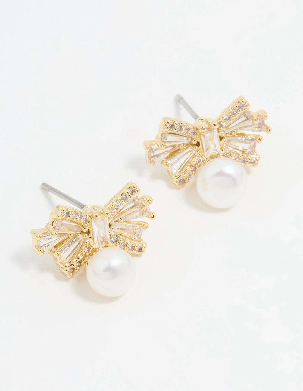 Elegant Features Shimmering Craft Gold Plated Pearl & Cubic Zirconia Bow Baguette Drop Earrings