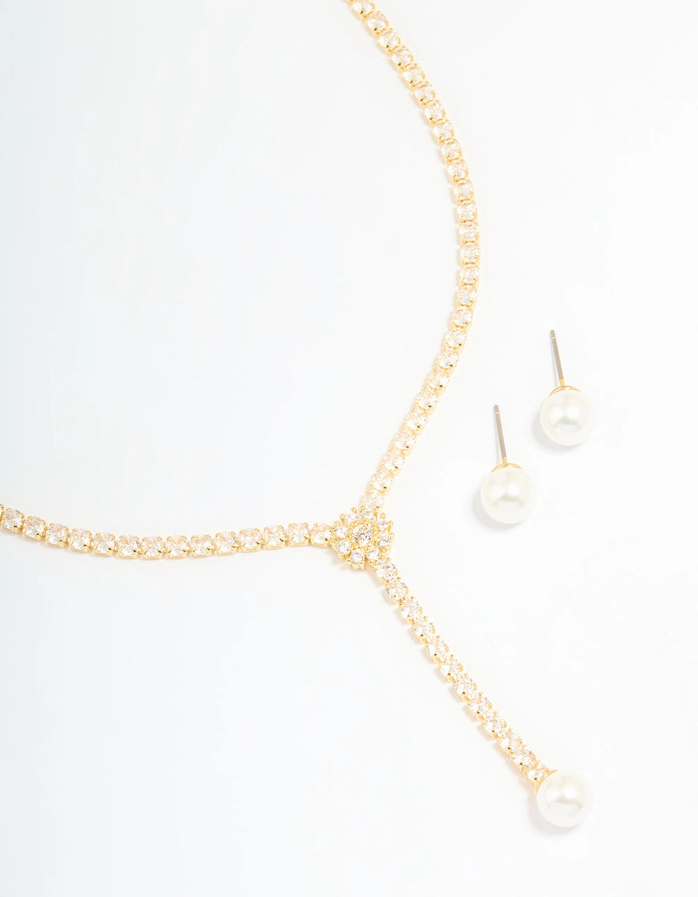 Night Shine Gold Plated Pearl Flower Cubic Zirconia Y-Necklace & Earrings Set