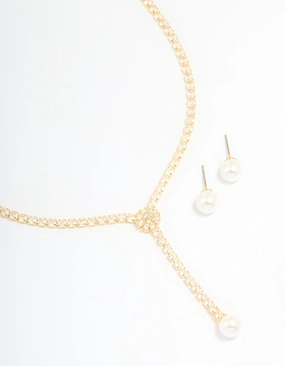 Night Shine Gold Plated Pearl Flower Cubic Zirconia Y-Necklace & Earrings Set