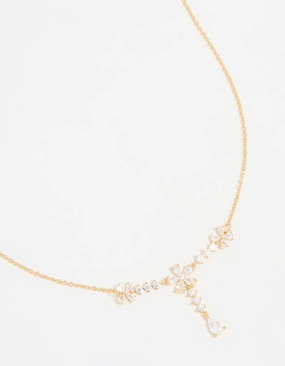 Gold Plated Pearl Flower Trio Y-Necklace Simple Layer