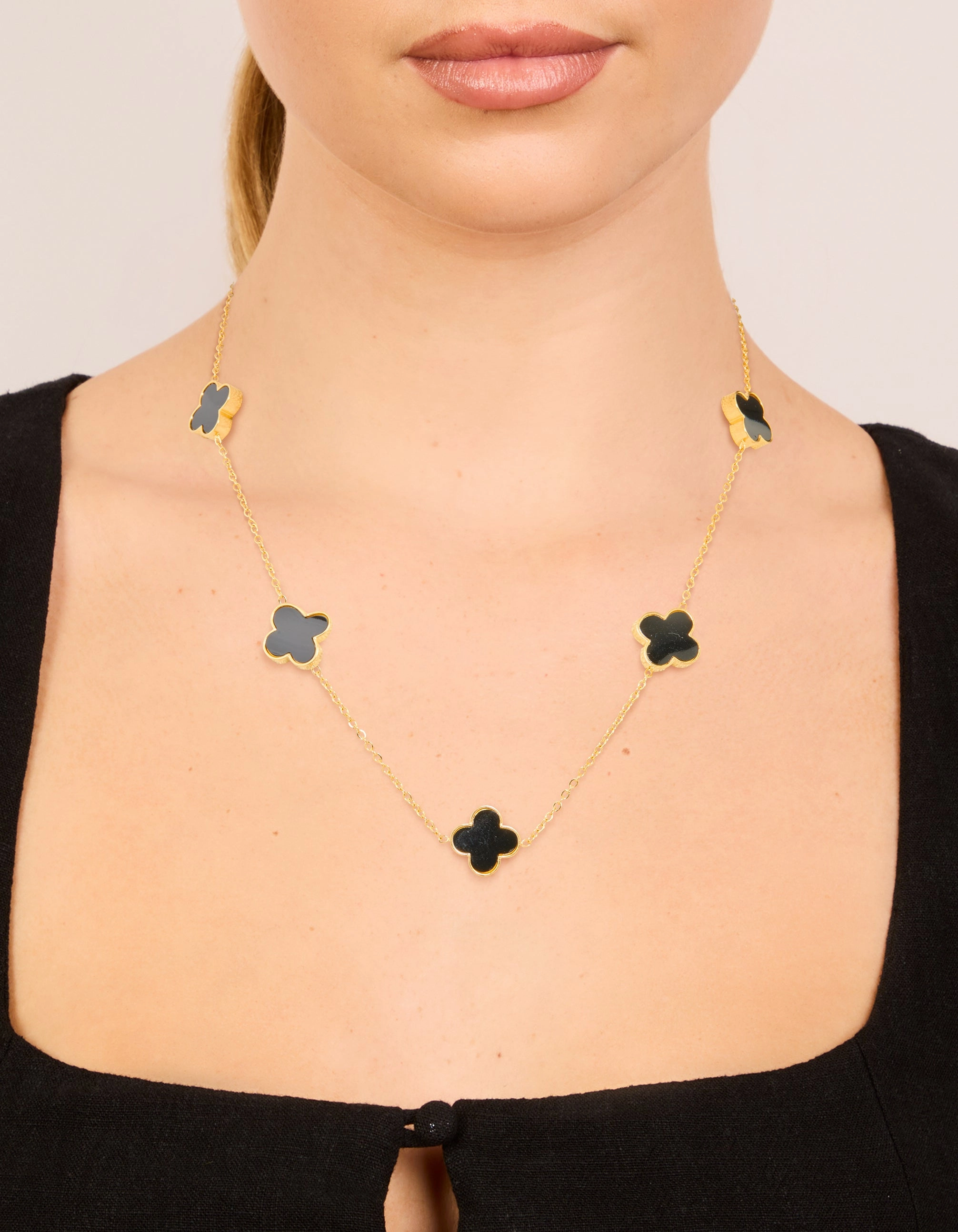 Gold Plated Stainless Steel Black Inlay Flowers Necklace Vibrant Touch Pieces Holiday Party