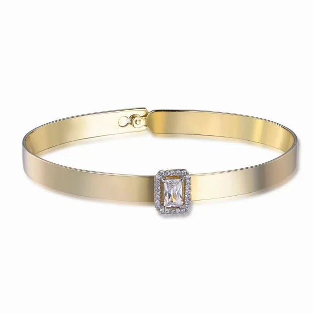 Gold Plated Sterling Silver Bangle Bracelet with Rectangle CZ Center Piece Perfect Accent Quiet Look