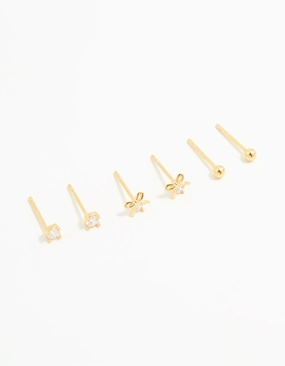 Gold Plated Sterling Silver Bow & Sleek Earrings 3-Pack Everyday Charm