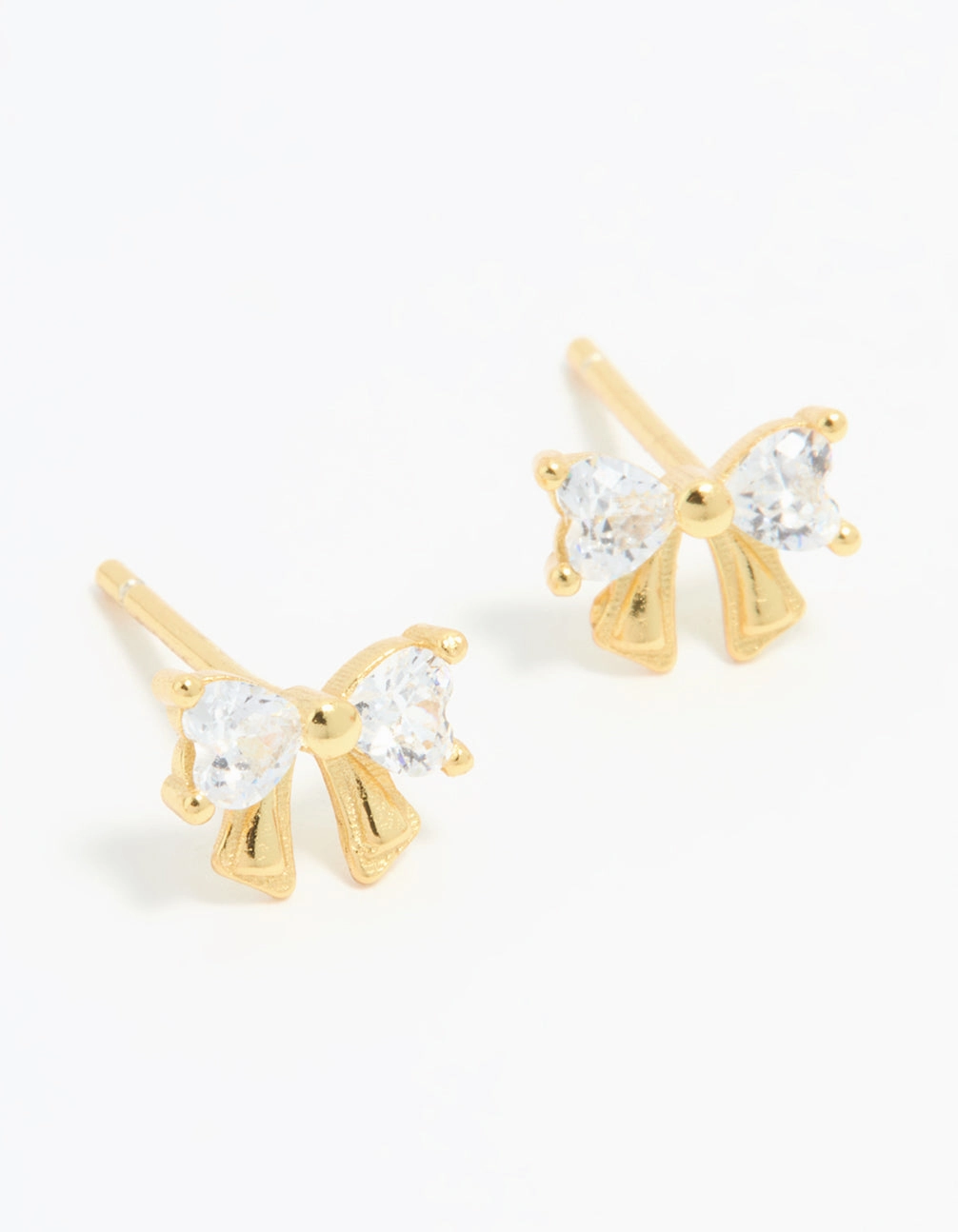 Gold Plated Sterling Silver Cubic Zirconia Bow Stud Earrings Art Deco Feel Modern Duo
