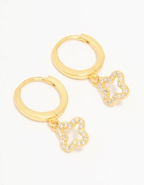Gold Plated Sterling Silver Cubic Zirconia Flower Huggie Earrings Texture Highlight