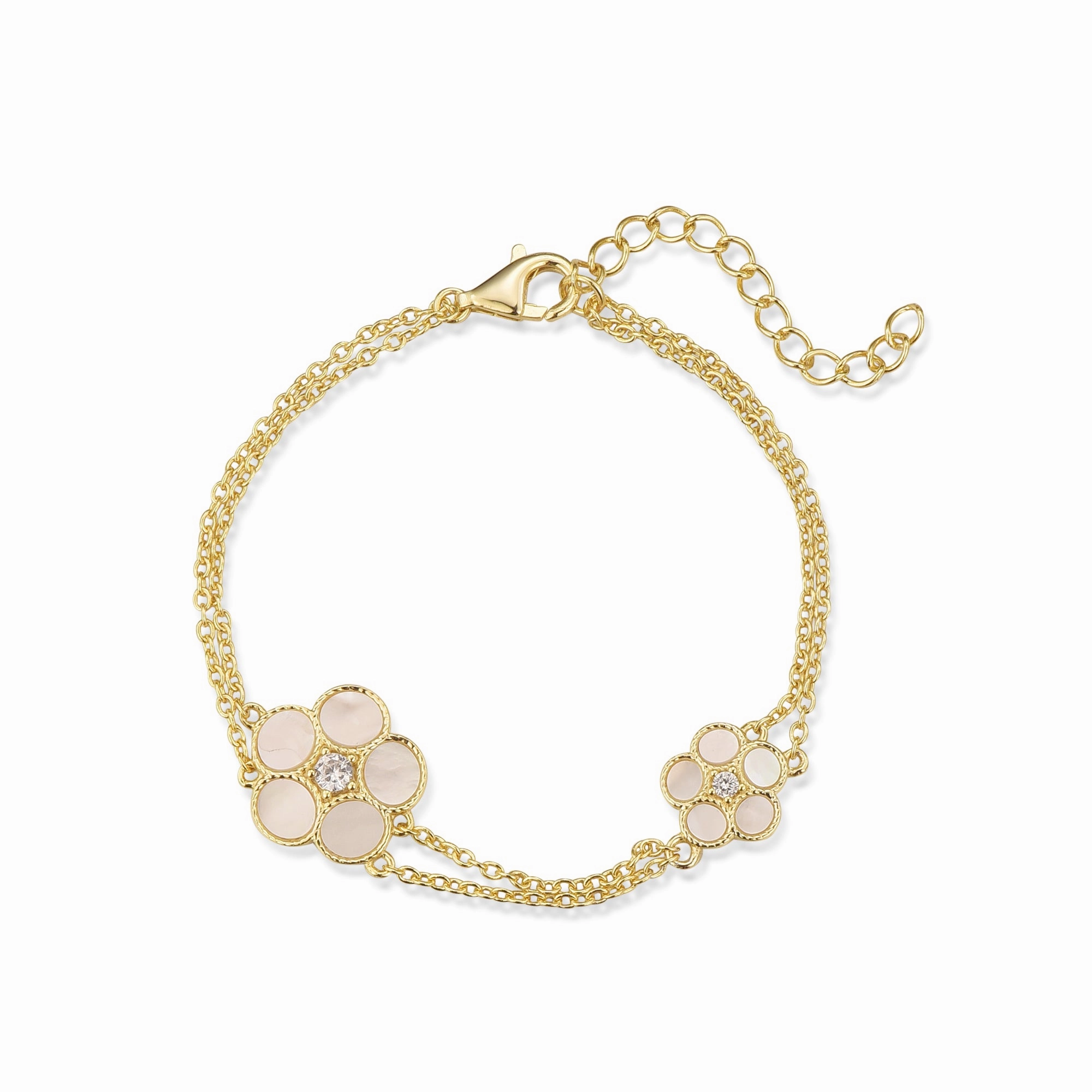 Gold-plated Sterling Silver Double Chain With Mother of Pearl Flowers Bracelet Gift Option Fashion Finish
