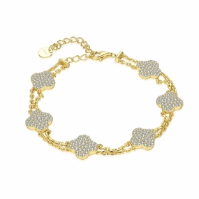 Gold Plated Sterling Silver Double Strand CZ Clover Bracelet Wardrobe Staple