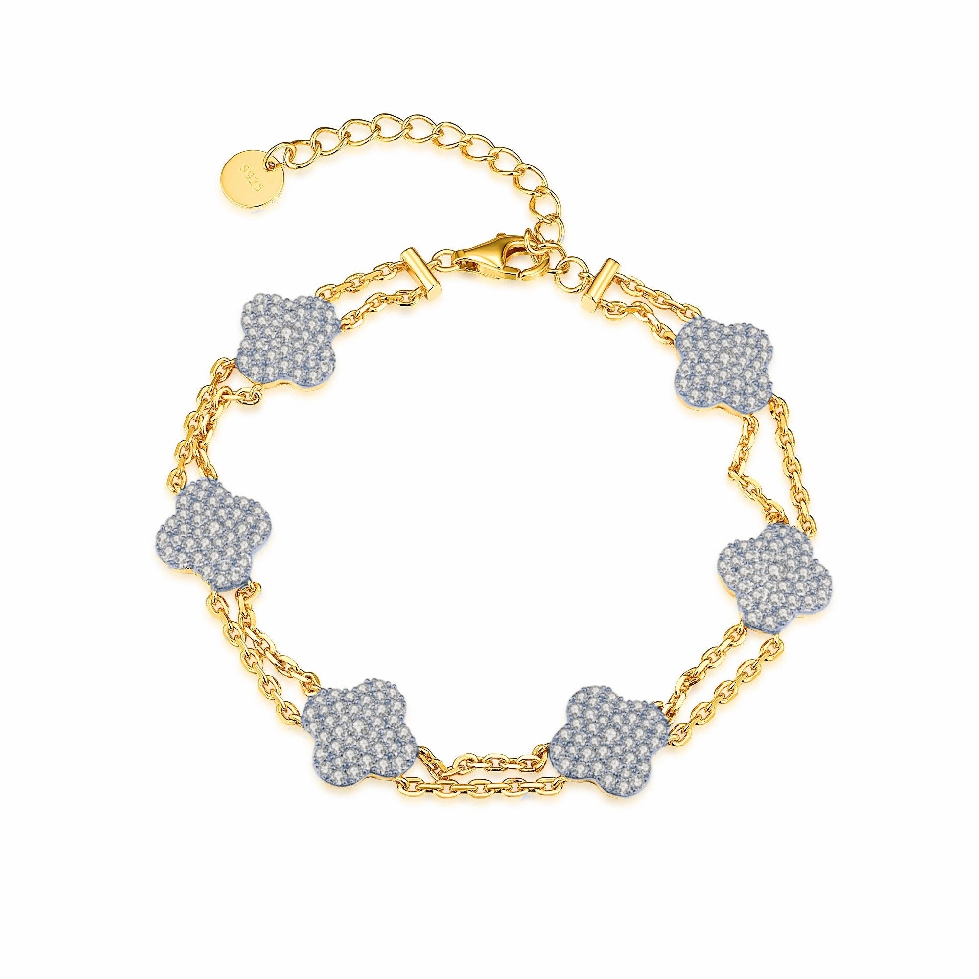 Gold Plated Sterling Silver Double Strand CZ Clover Bracelet Expressive Touch Elegant Detailing
