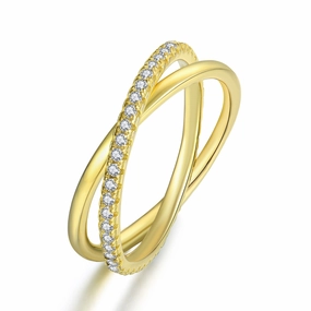 Gold Plated Sterling Silver Micropave Crossover CZ Ring Polished Style Delicate Flash