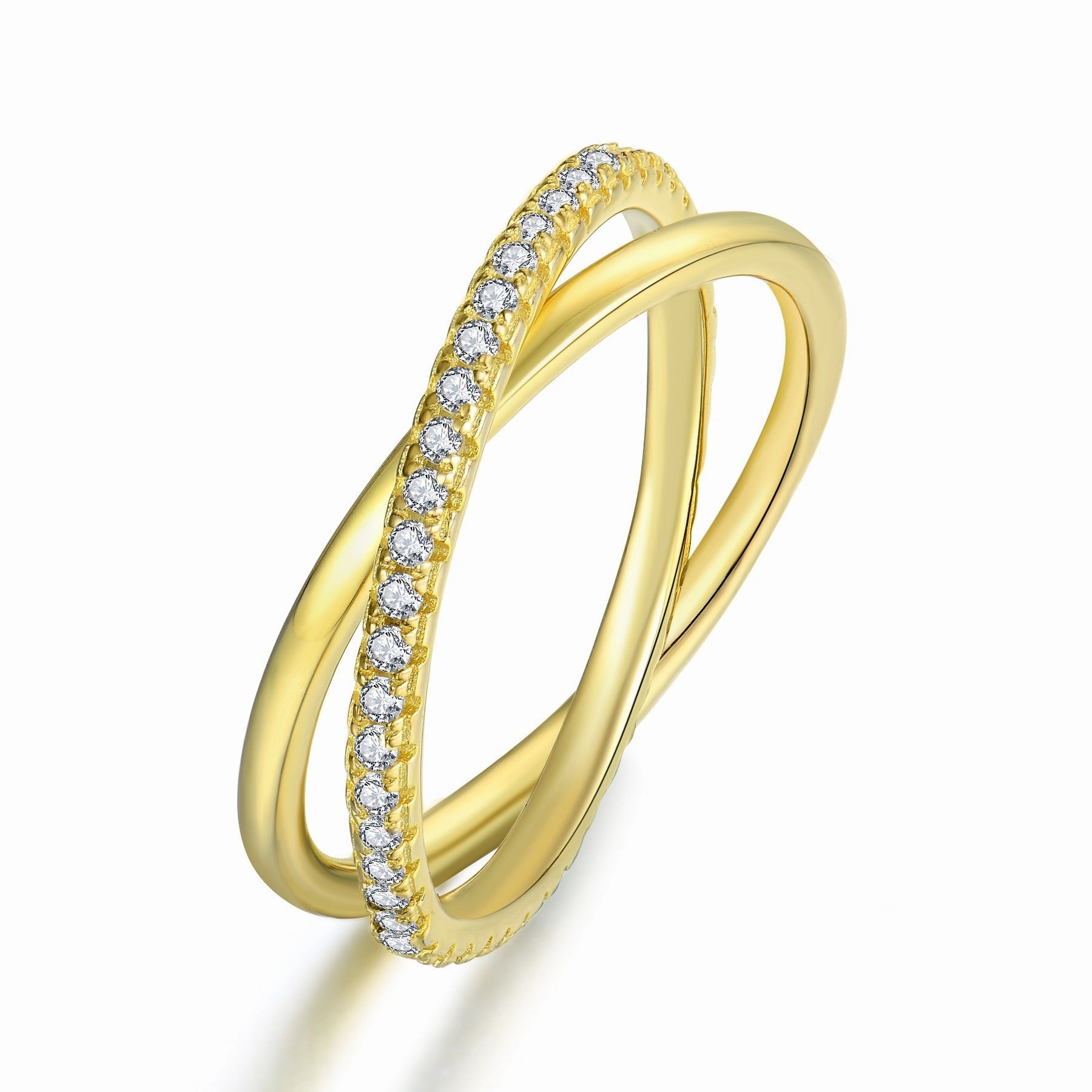 Gold Plated Sterling Silver Micropave Crossover CZ Ring Glamorous touch Casual Vibe