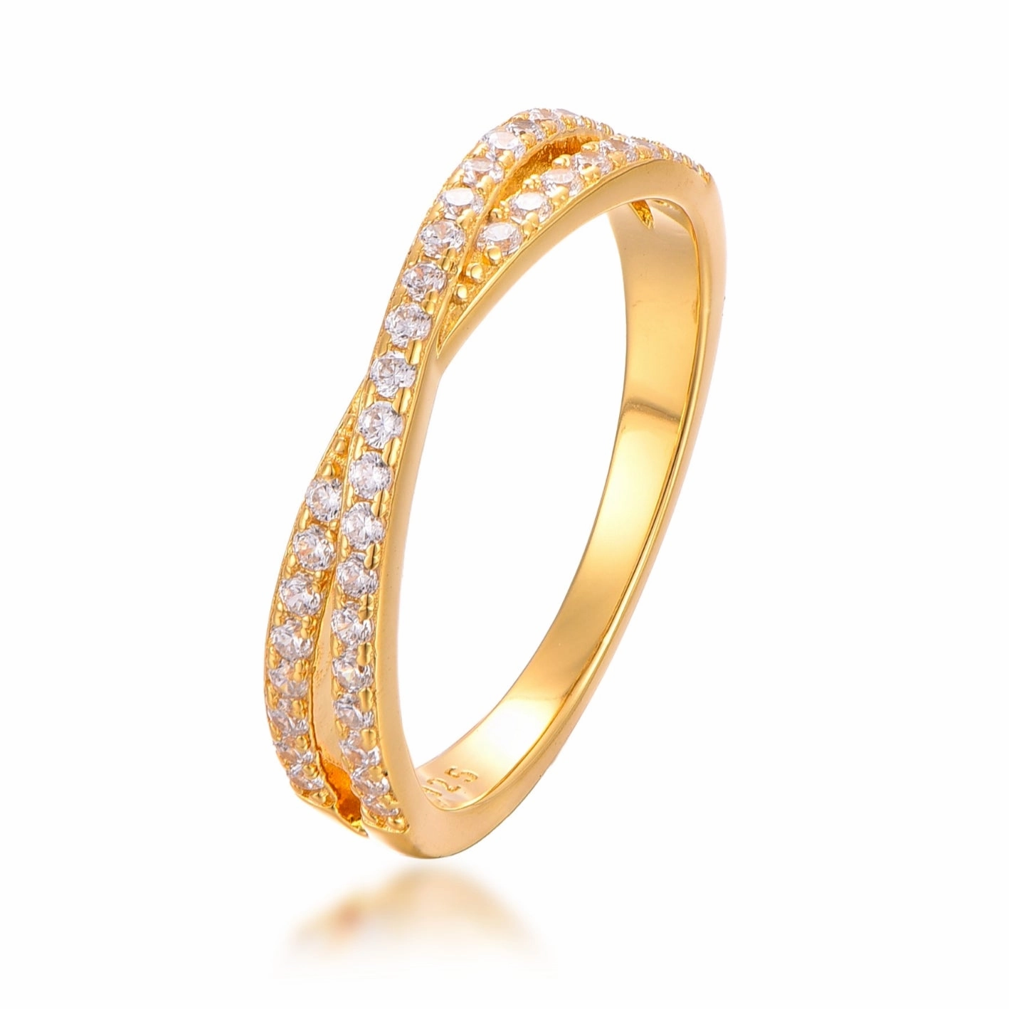 Premium Style Artisan Glam Gold Plated Sterling Silver Micropave Crossover CZ Ring