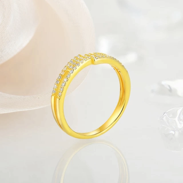 Gold Plated Sterling Silver Micropave Four Row Bypass Ring Sleek Shape Minimal Style