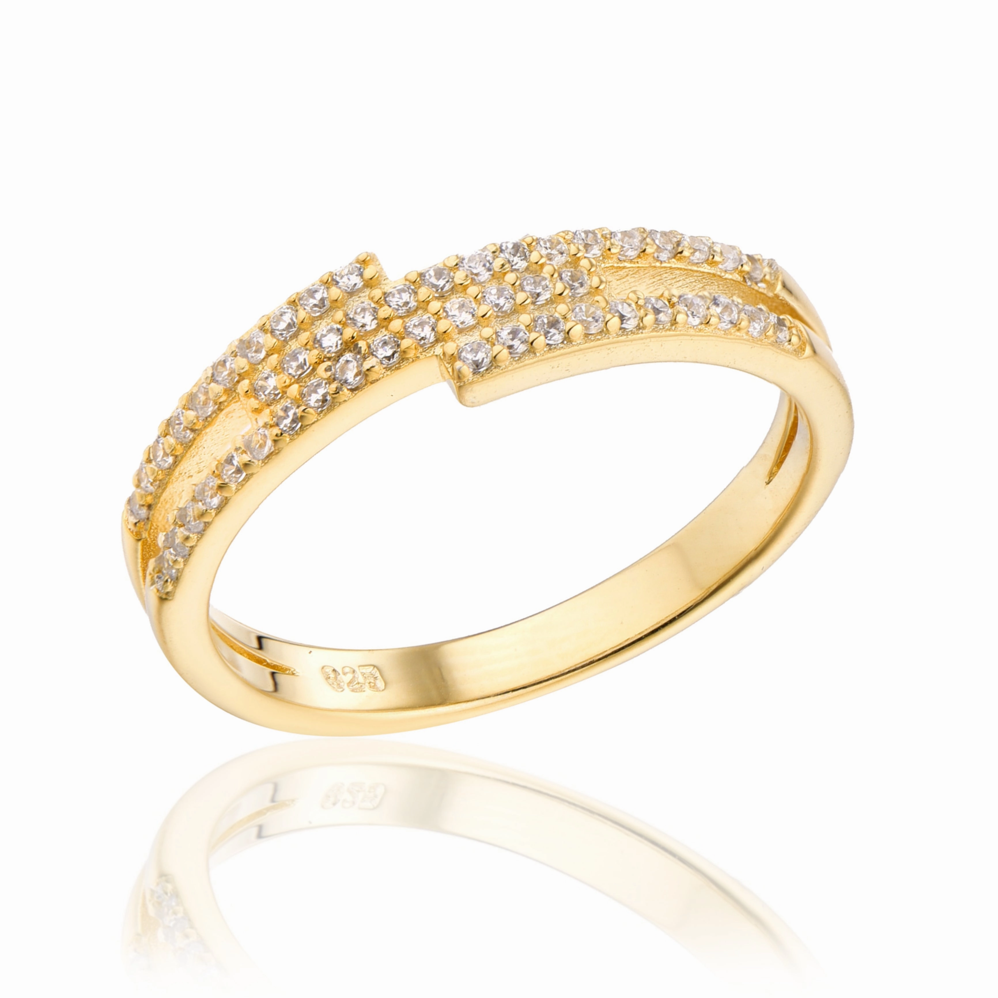 Gold Plated Sterling Silver Micropave Four Row Bypass Ring Shine Bright Glamorous Edge