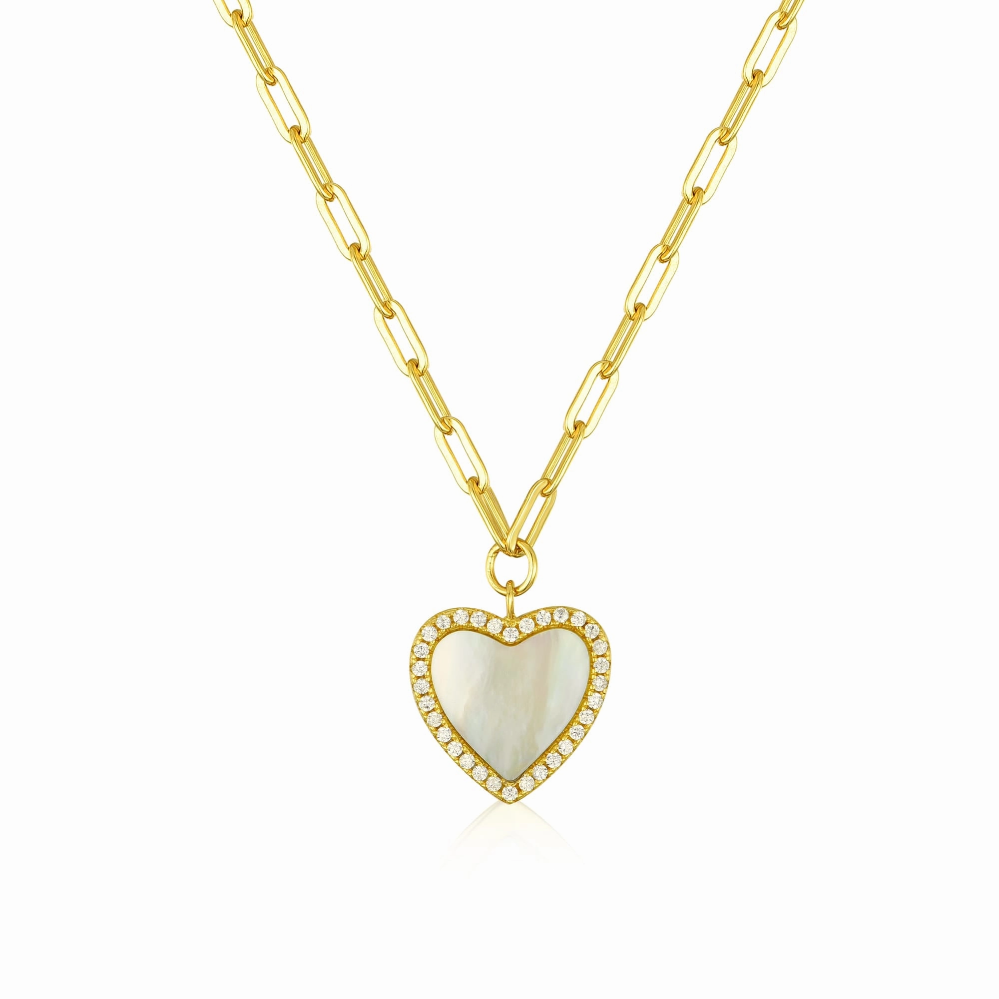 Timeless Gem Polished Form Gold Plated Sterling Silver Mother Of Pearl Heart On Paperclip Chain Necklace