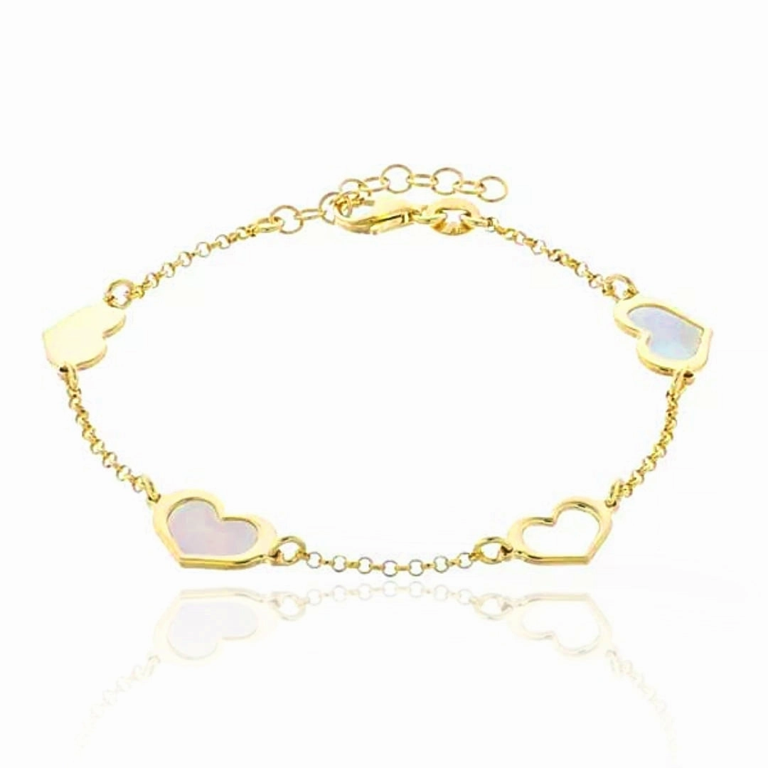 Elegant Detail Gold Plated Sterling Silver Mother of Pearl Heart Station Bracelet
