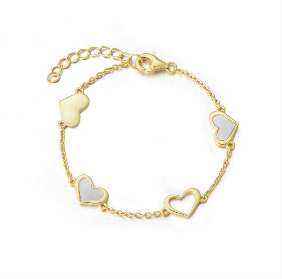 Gold Plated Sterling Silver Mother of Pearl Heart Station Bracelet Layered Mood Warm Light