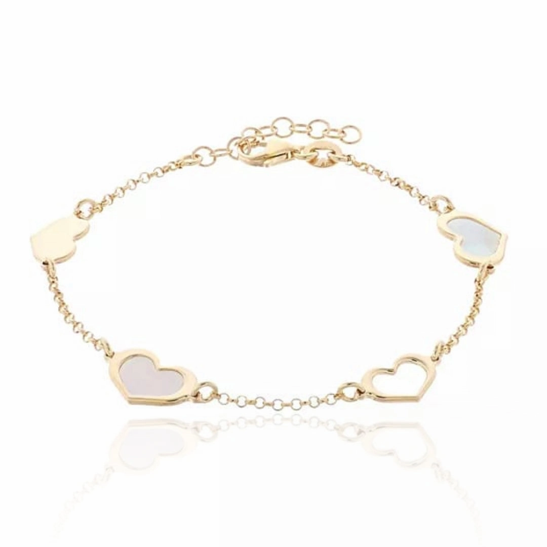 Gold Plated Sterling Silver Mother of Pearl Heart Station Bracelet Dramatic Flare Fresh Feature