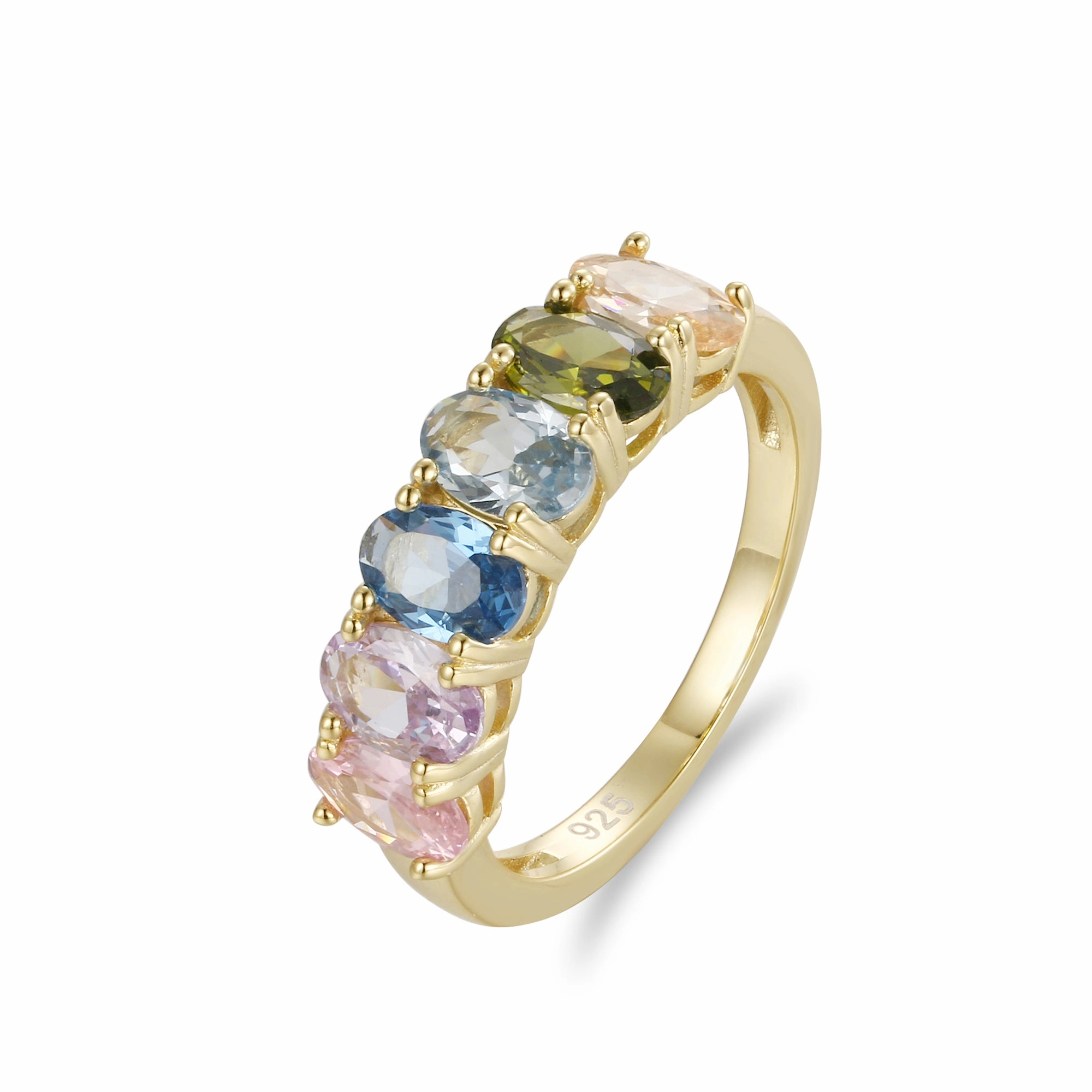 Lightweight Accent Dainty Design Gold Plated Sterling Silver Multicolor Oval Eternity Band Ring