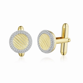 Gold Plated Sterling Silver Outline Micropave CZ Circle With Lined Brushed Gold Center Cufflinks Layered Accent Opulent Design