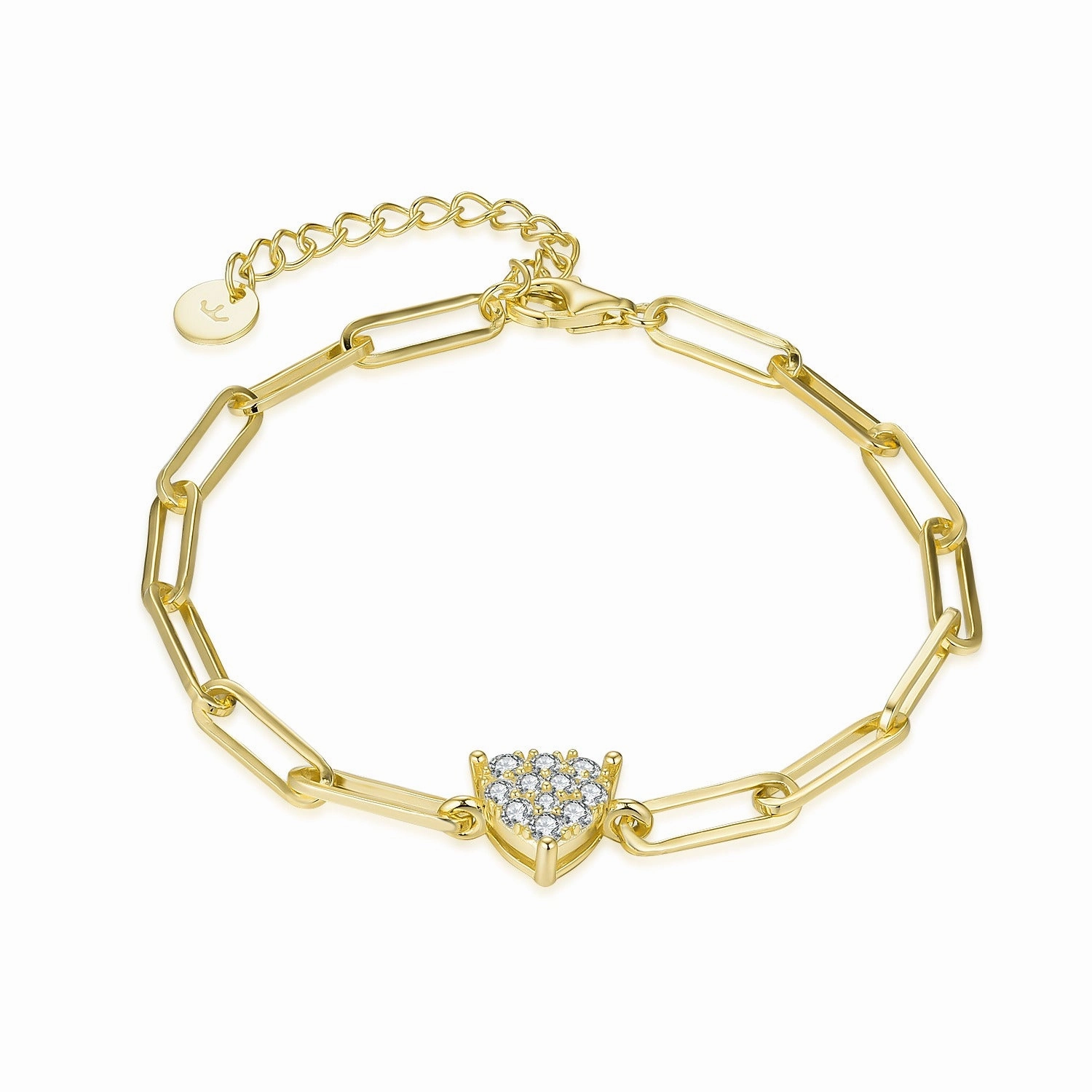 Gold Plated Sterling Silver Paperclip Chain with CZ Heart Bracelet Crisp Shine Impeccable Highlight