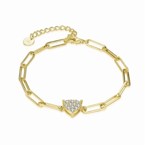 Gold Plated Sterling Silver Paperclip Chain with CZ Heart Bracelet Glamorous Jewelry