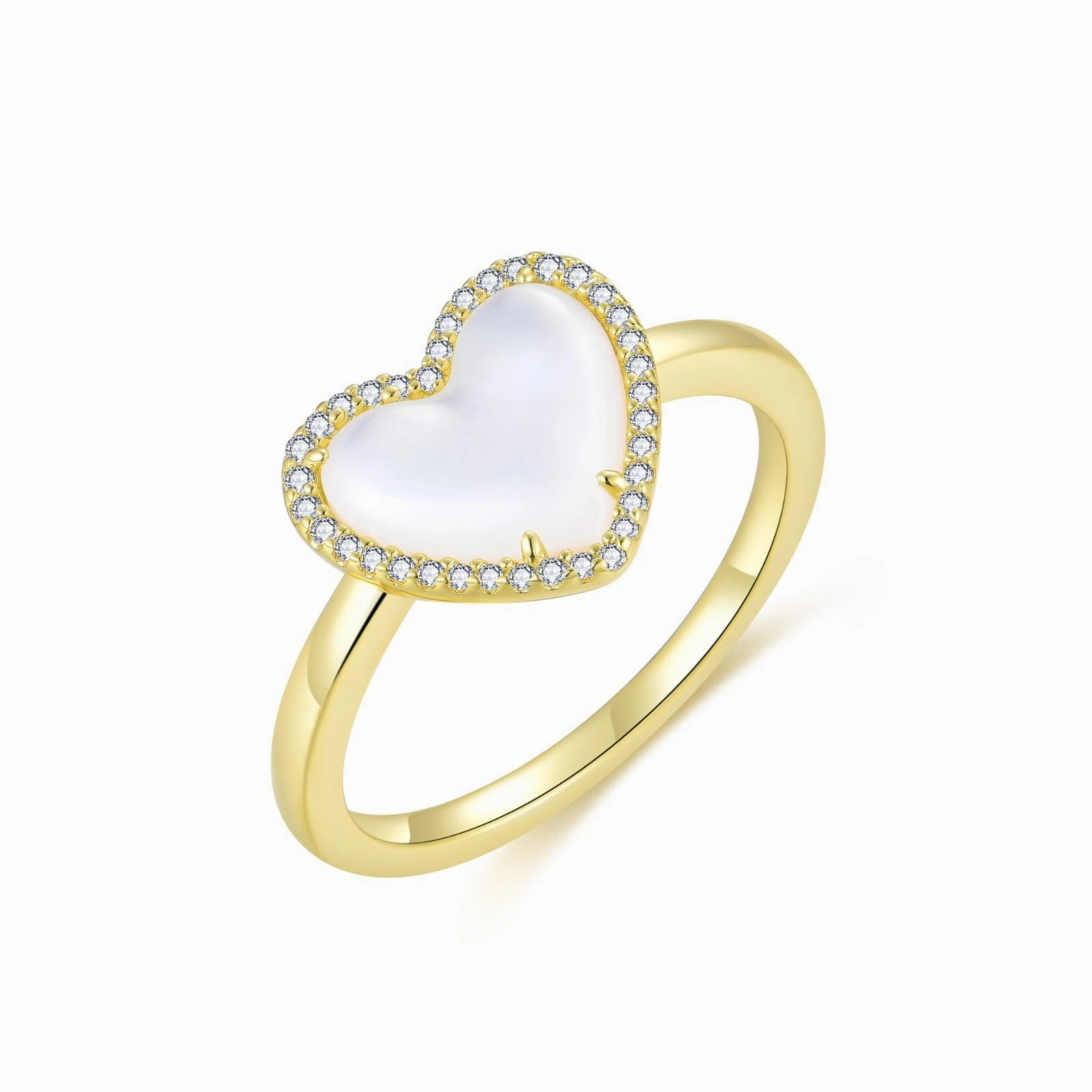 Luminous Finish Fashion Jewelry Gold Plated Sterling Silver Round Mother of Pearl with CZ Border Ring