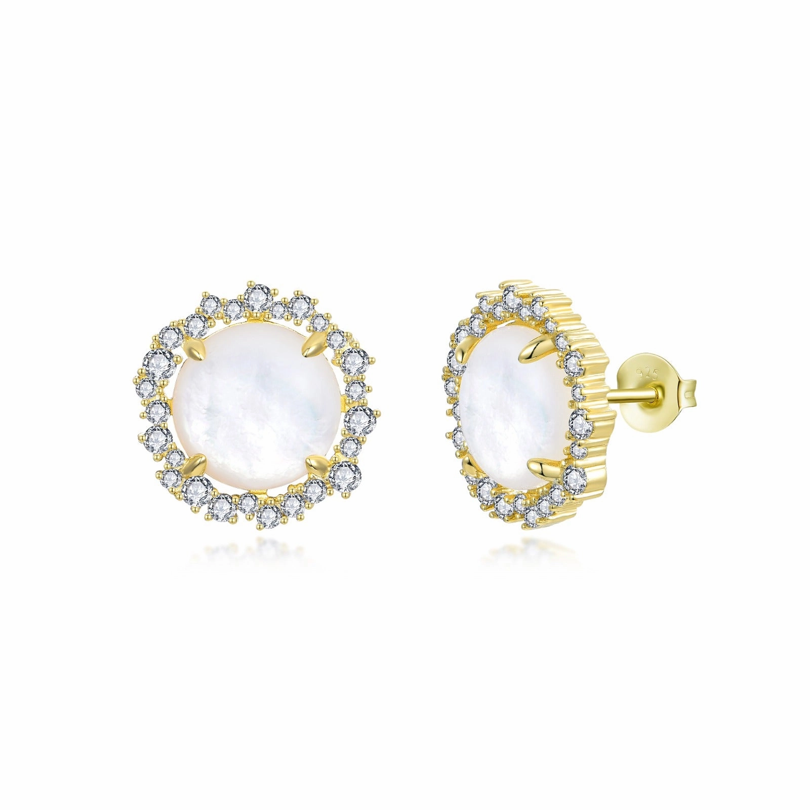 Gold Plated Sterling Silver Round Mother of Pearl with CZ Border Stud Earrings Stylish Layer Subtle Highlight