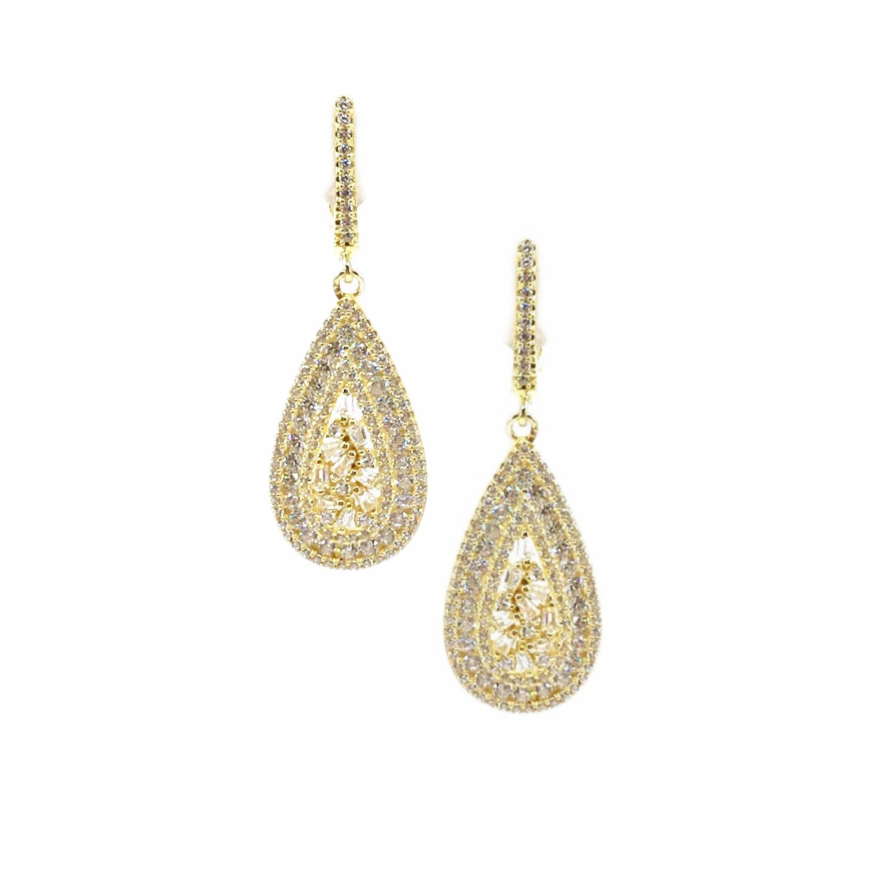 Gold Plated Sterling Silver Teardrop CZ Micropave Earrings Vibrant Feel Gloss Finish