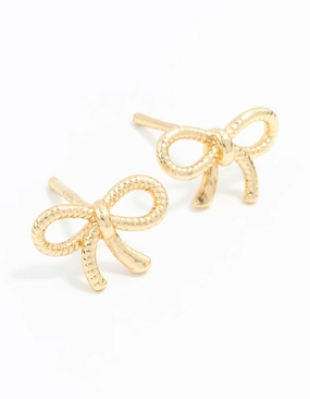Gold Plated Sterling Silver Textured Bow Stud Earrings Intricate Work Contemporary Form