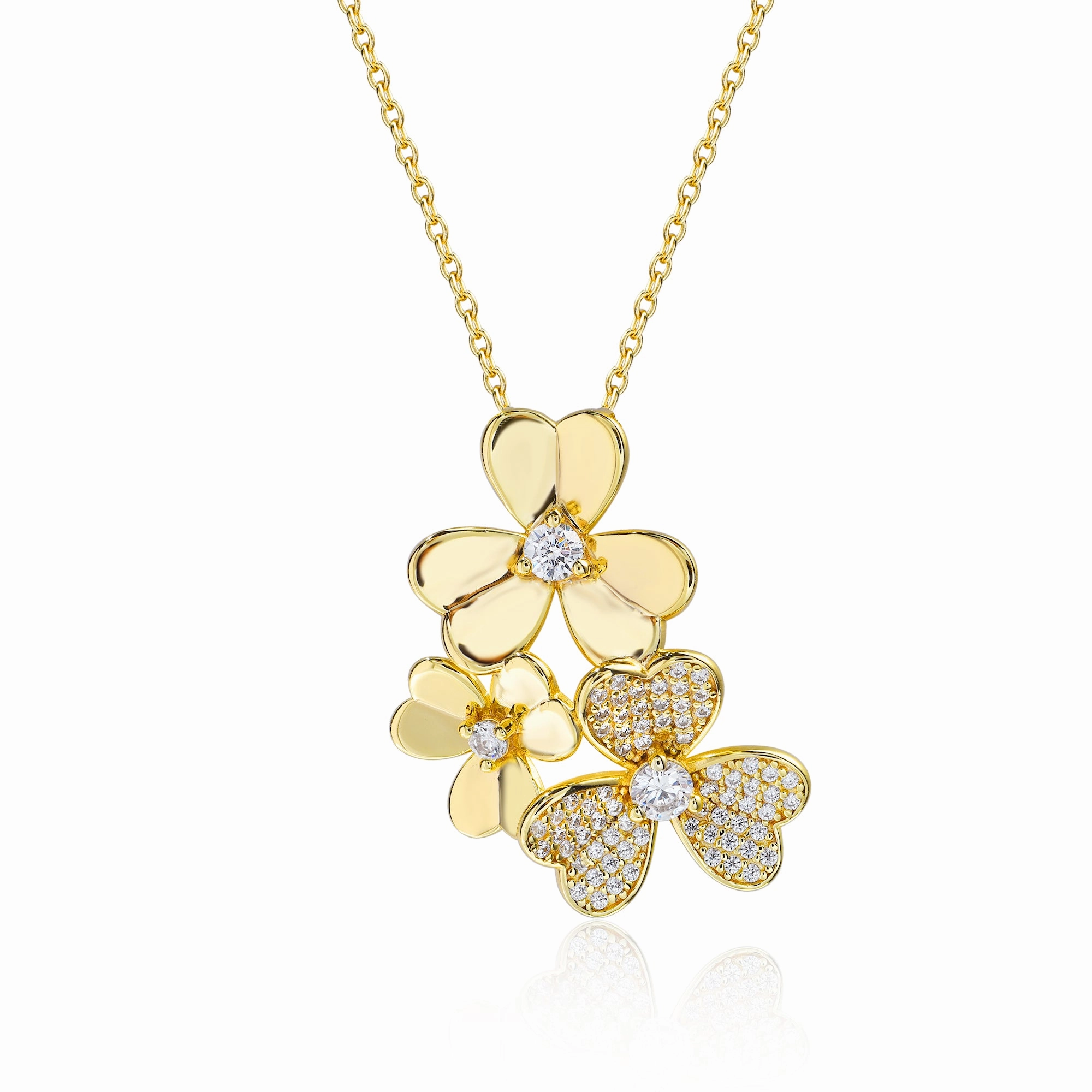 Gold Plated Sterling Silver Triple Flower Necklace Smooth Glow