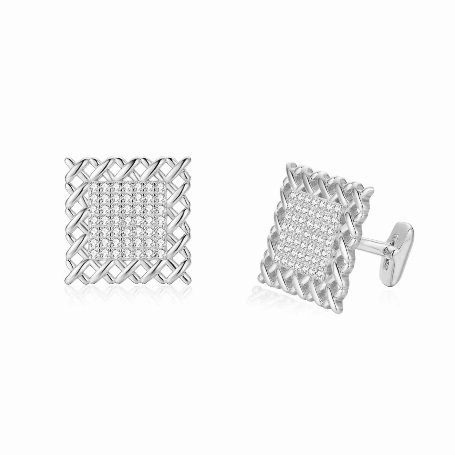 Dazzling Charm Glamorous Mood Gold Plated Sterling Silver Weave Design with Clear Micropave CZ Cufflinks