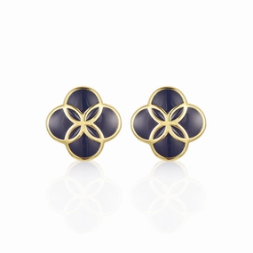 Fashionable Glow Sparkling Accent Gold plated Surgical Steel Blue Enamel Clover Stud Earrings