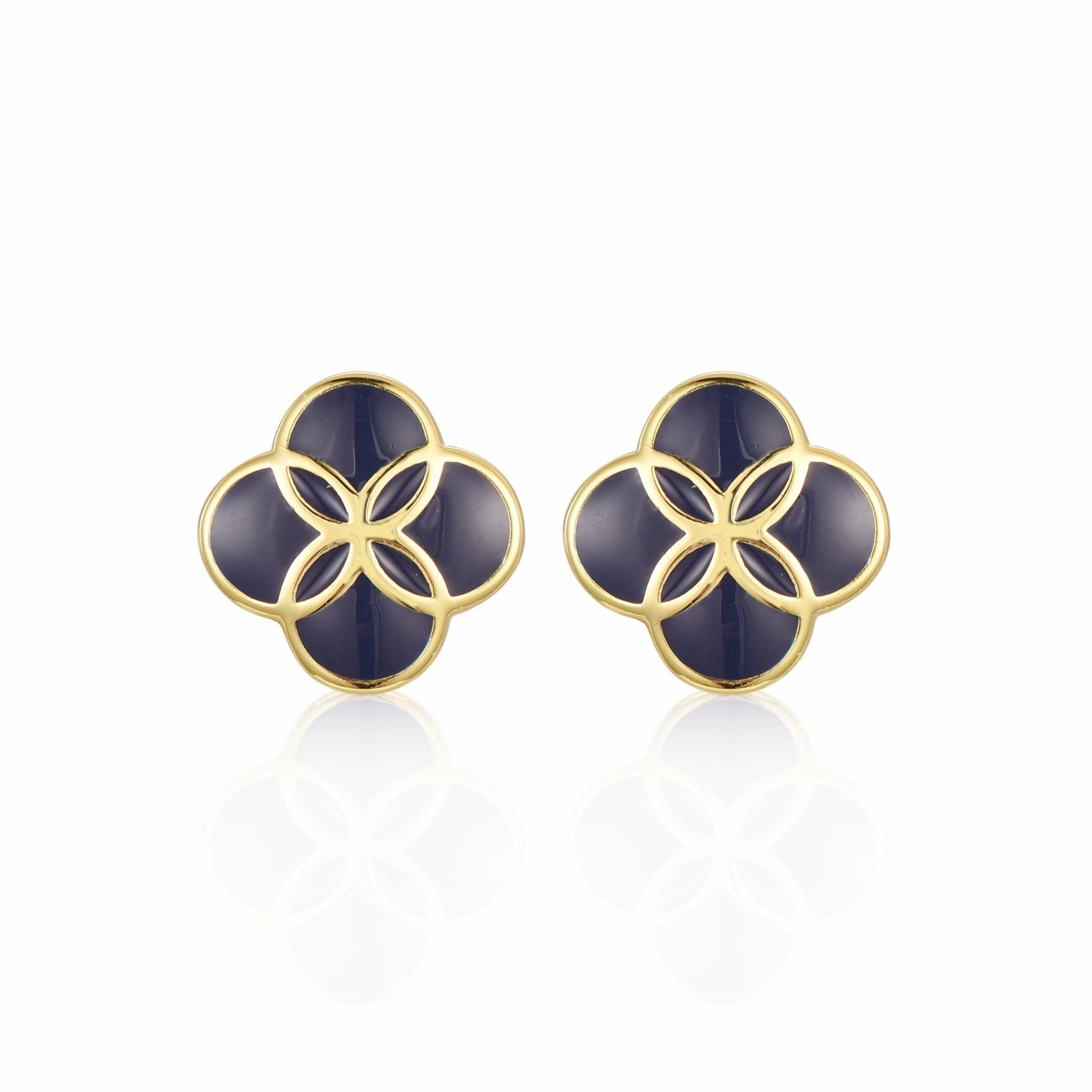 Fashionable Glow Sparkling Accent Gold plated Surgical Steel Blue Enamel Clover Stud Earrings