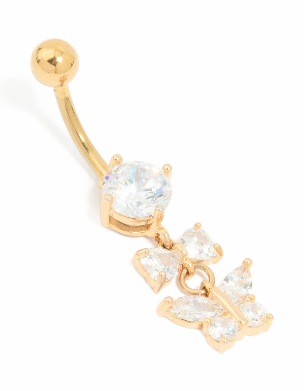 Exclusive Detail Gold Plated Surgical Steel Cubic Zirconia Bow & Butterfly Drop Belly Bar