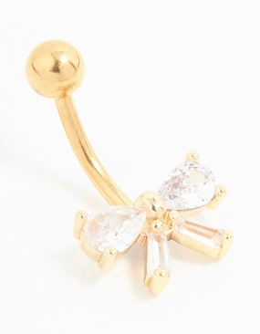 Luxury Shape Gold Plated Surgical Steel Cubic Zirconia Bow Belly Bar