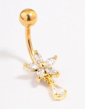 Minimalist Edge Vogue Touch Gold Plated Surgical Steel Cubic Zirconia Flower Pear Belly Ring