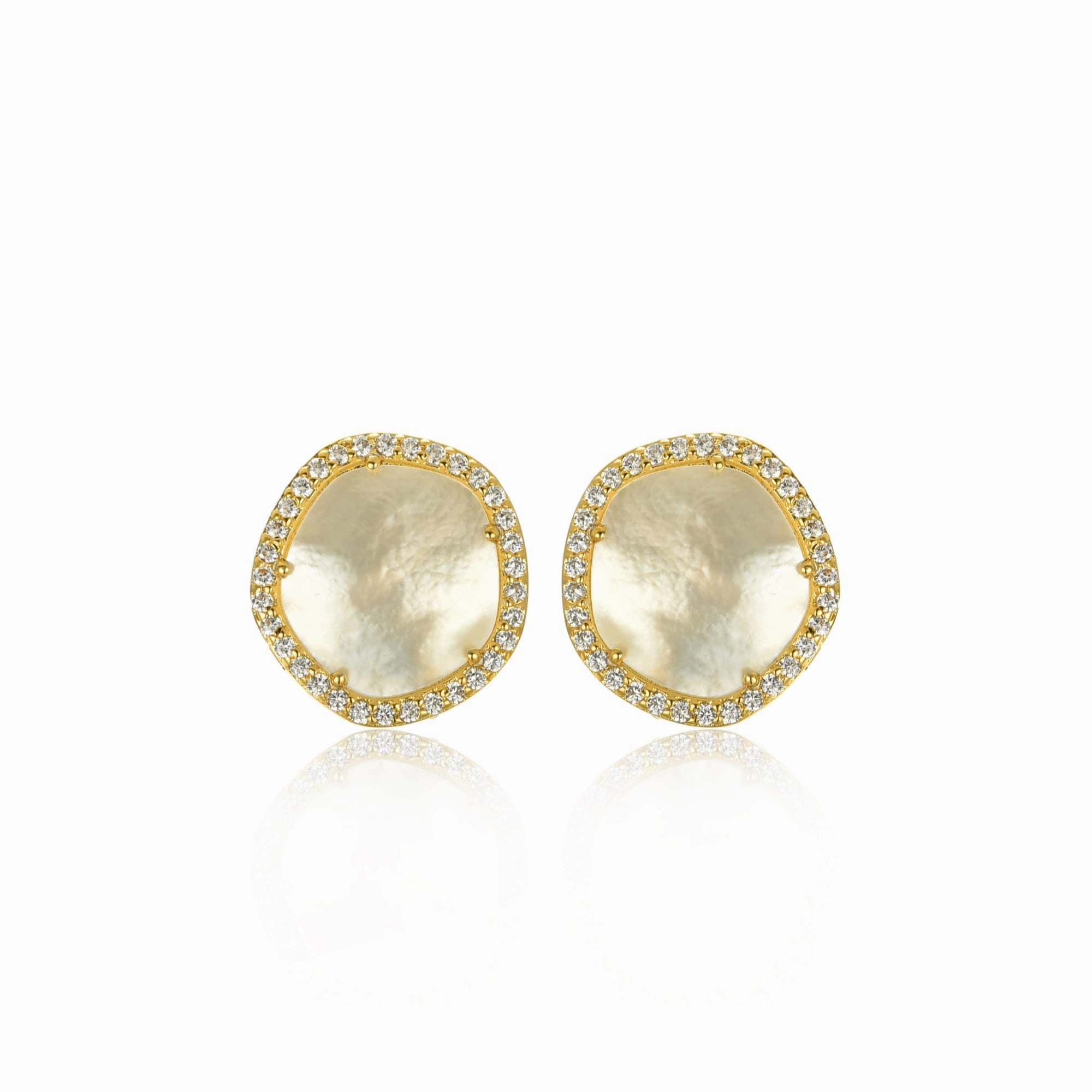 Gold-Plated Surgical Steel CZ Border With Mother of Pearl Natural Shape Stud Earrings Cool Contrast